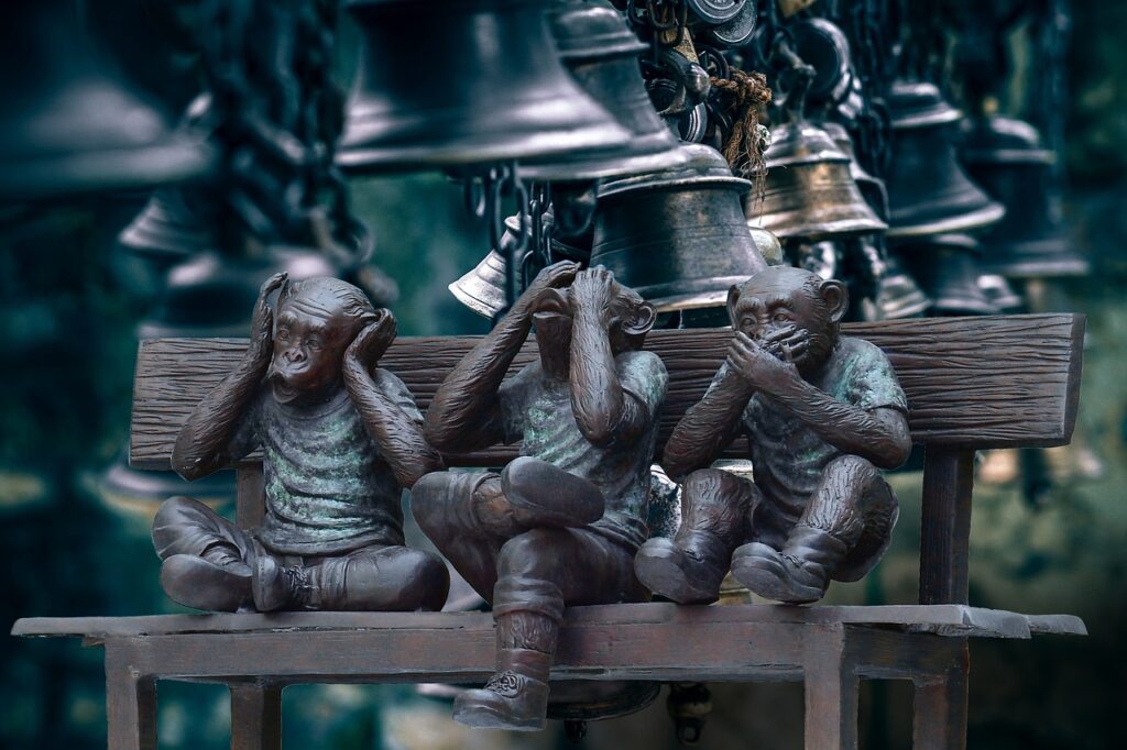 positioning and curiousity_hear, see, speak no evil monkeys
