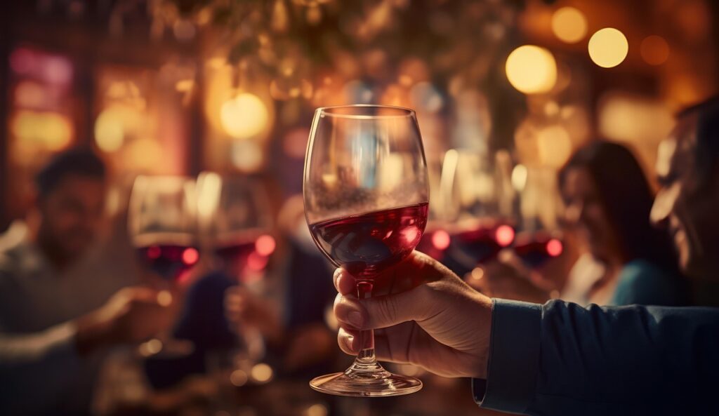 glass of red wine held up